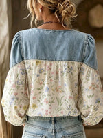 Boho-style Floral Patchwork Denim Shirt