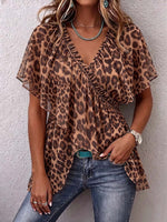 Women's Leopard Print V-neck Short Sleeve Casual Loose Chiffon Top