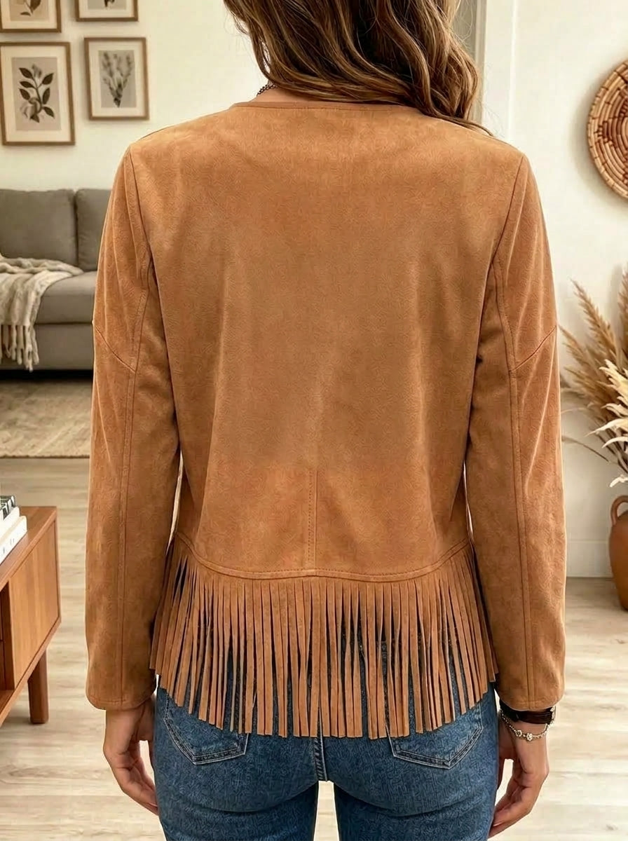 Women's Faux Suede Fringe Cardigan Coat with Studded Metal Details Open Front Tops