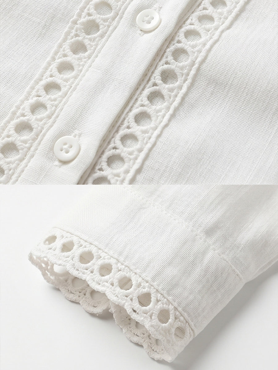Casual Long-sleeve Linen-cotton Shirt With Spliced cutout Webbing