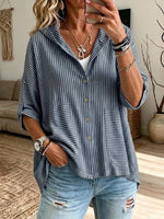 Striped Casual Hooded Shirt: Loose, Slimming Fit With Large Pockets And Three-quarter Sleeves