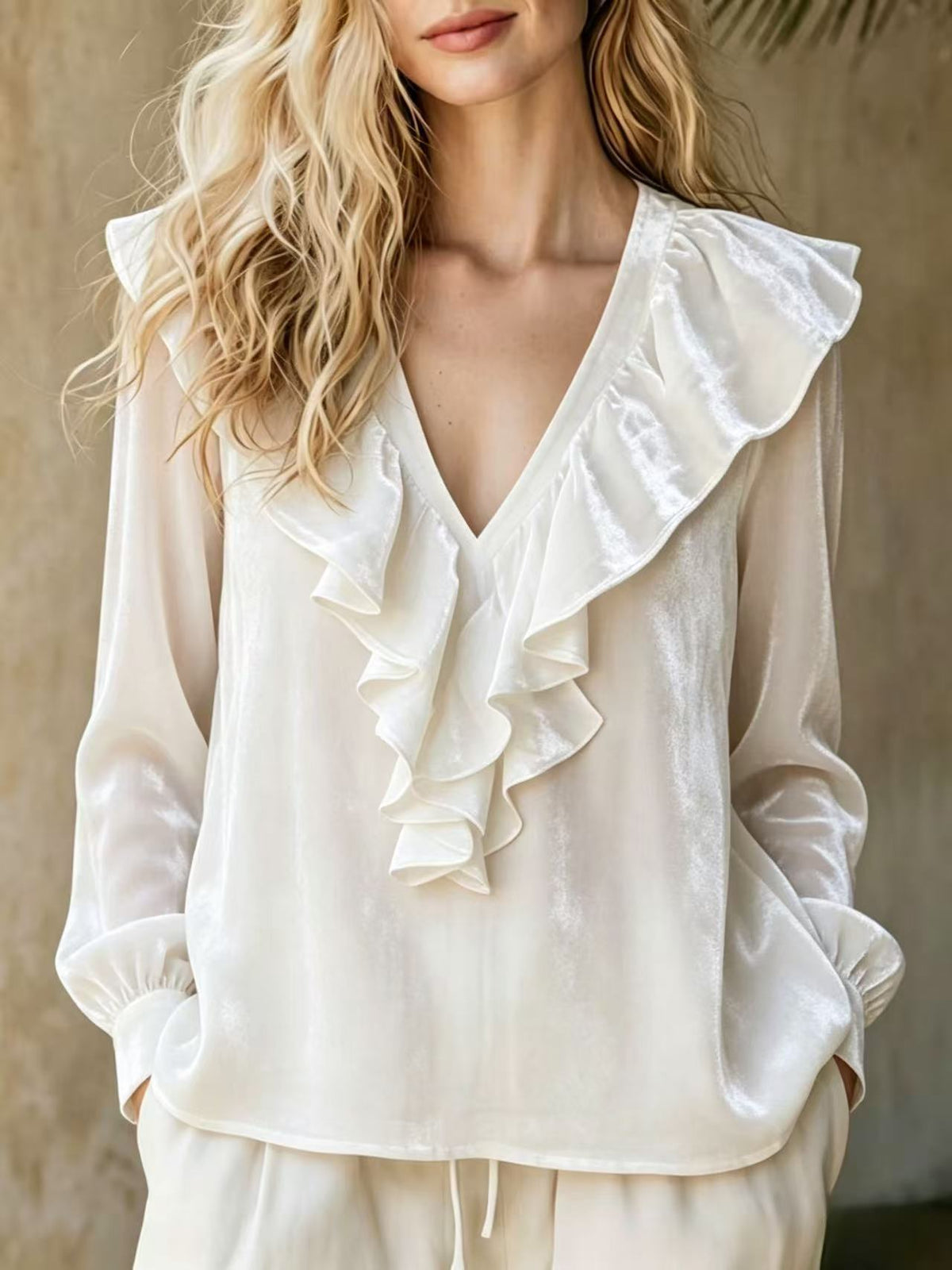 Cozy, Relaxed-fit Ruffled V-neck Velvet Top