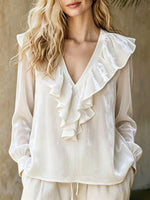 Cozy, Relaxed-fit Ruffled V-neck Velvet Top