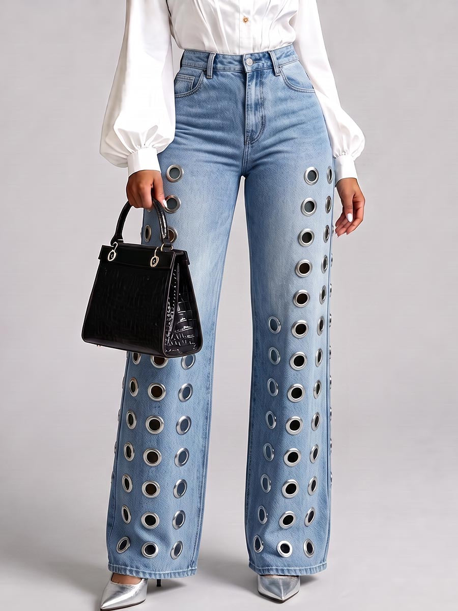 Women's High-waisted Casual Loose-fitting Wide-leg Jeans With Metallic Eyelets