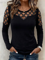 Round Neck Chest Diamond Rhinestone Cutout Long Sleeve Top
