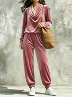Comfortable And Casual Velvet Cowl-neck Top And Trousers Two-piece Set