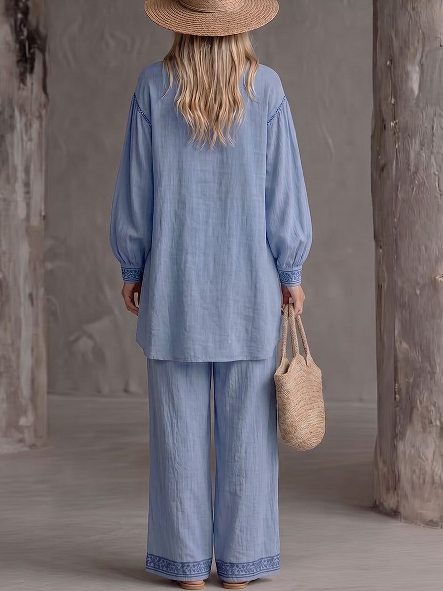 Women's Printed V-neck Long-sleeved Casual Loose Cardigan With A Shorter Front And Longer Back High-waisted Casual Wide-leg Pants Cotton And Linen Set