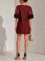 Elegant Burgundy 3D Rosette Organza Sleeve Mini Dress