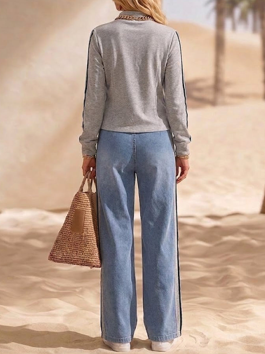 Two-piece Set: Denim-paneled Top And Wide-leg Trousers