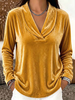 Women's Solid Color Lapel Long-sleeved Casual Loose Velvet Top