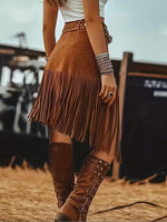 Women's High-waisted Casual Loose Suede Tassel Skirt