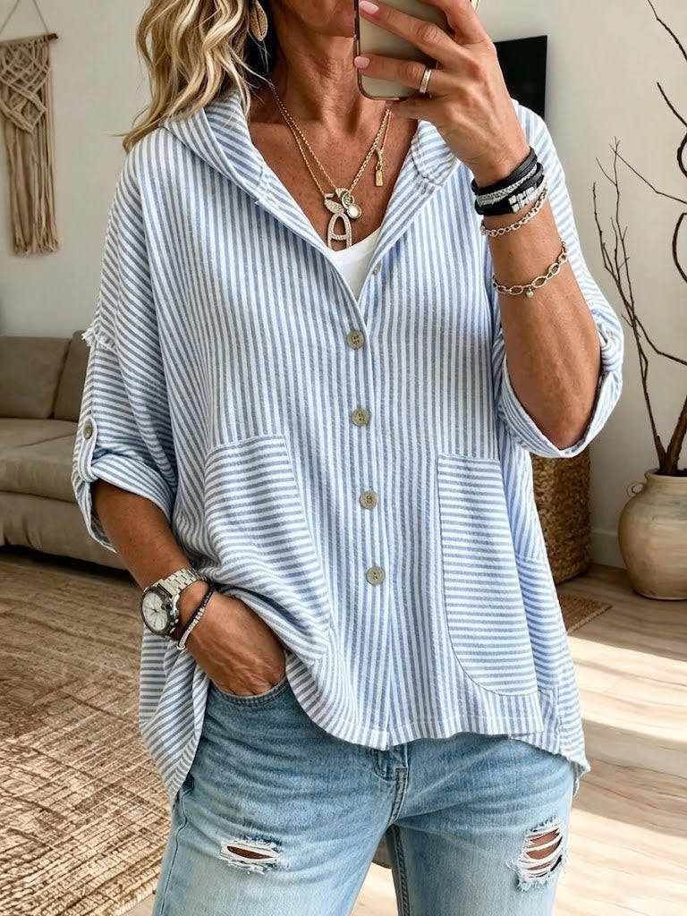 Striped Casual Hooded Shirt: Loose, Slimming Fit With Large Pockets And Three-quarter Sleeves