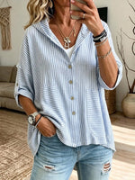 Striped Casual Hooded Shirt: Loose, Slimming Fit With Large Pockets And Three-quarter Sleeves