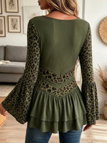 Women Square Neck Leopard Patchwork Flare Long Sleeve Peplum Western Top