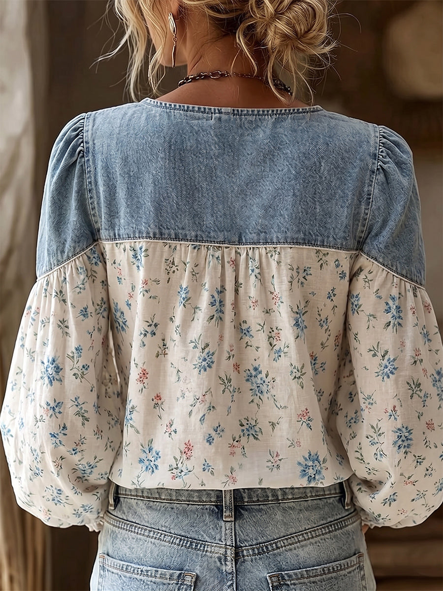 Boho-ChicFloral Paneling Denim Blouse
