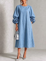 Chic Chambray Denim 3D Rosette Sleeve Midi Dress