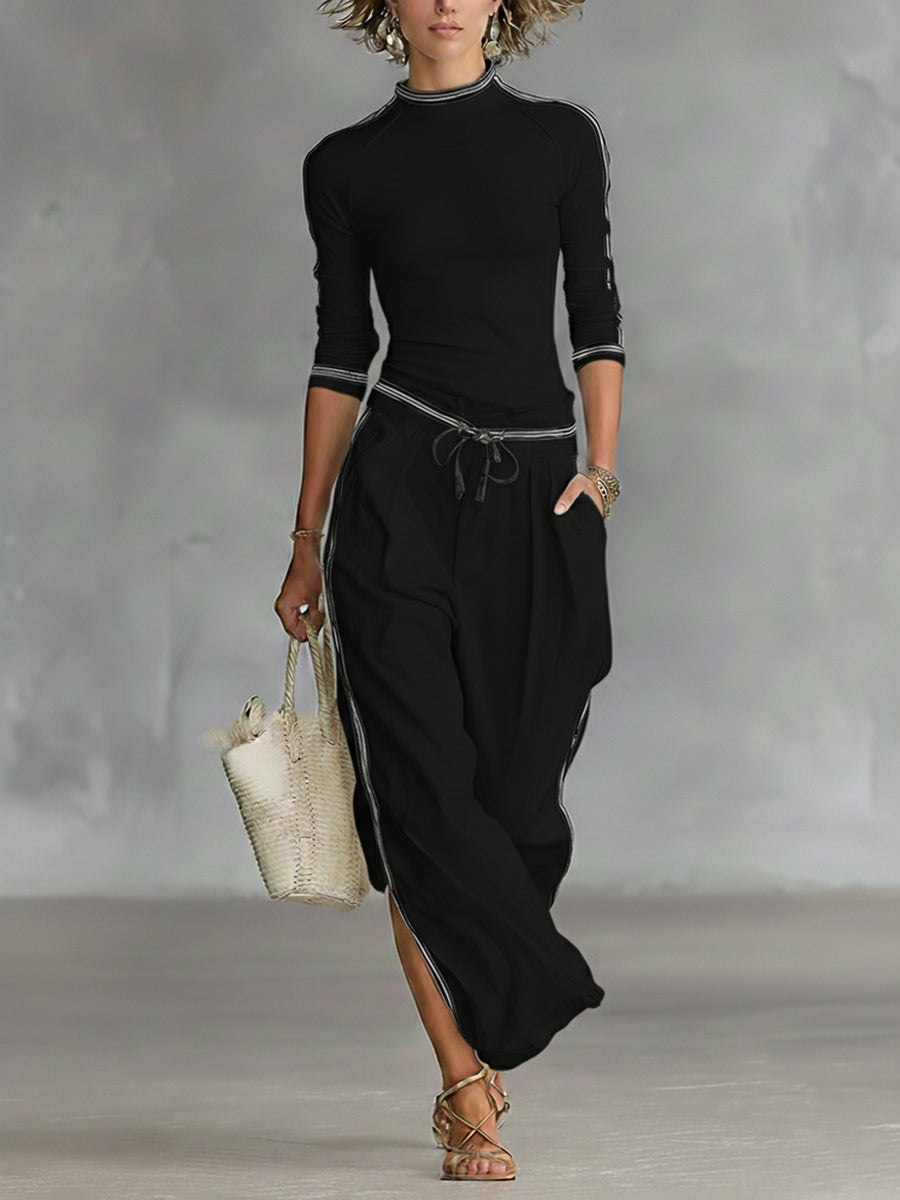 Cozy Stretch Knit Top And Cotton Trousers Two-piece Set