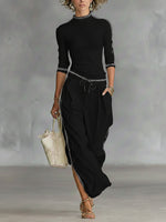 Cozy Stretch Knit Top And Cotton Trousers Two-piece Set