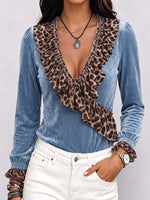 Women's Ruffled V-neck Long-sleeved Casual Loose Velvet Top