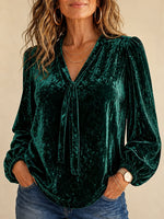 Chic V-neck Bow-tie Emerald Green Crushed Velvet Blouse With Puff Sleeves