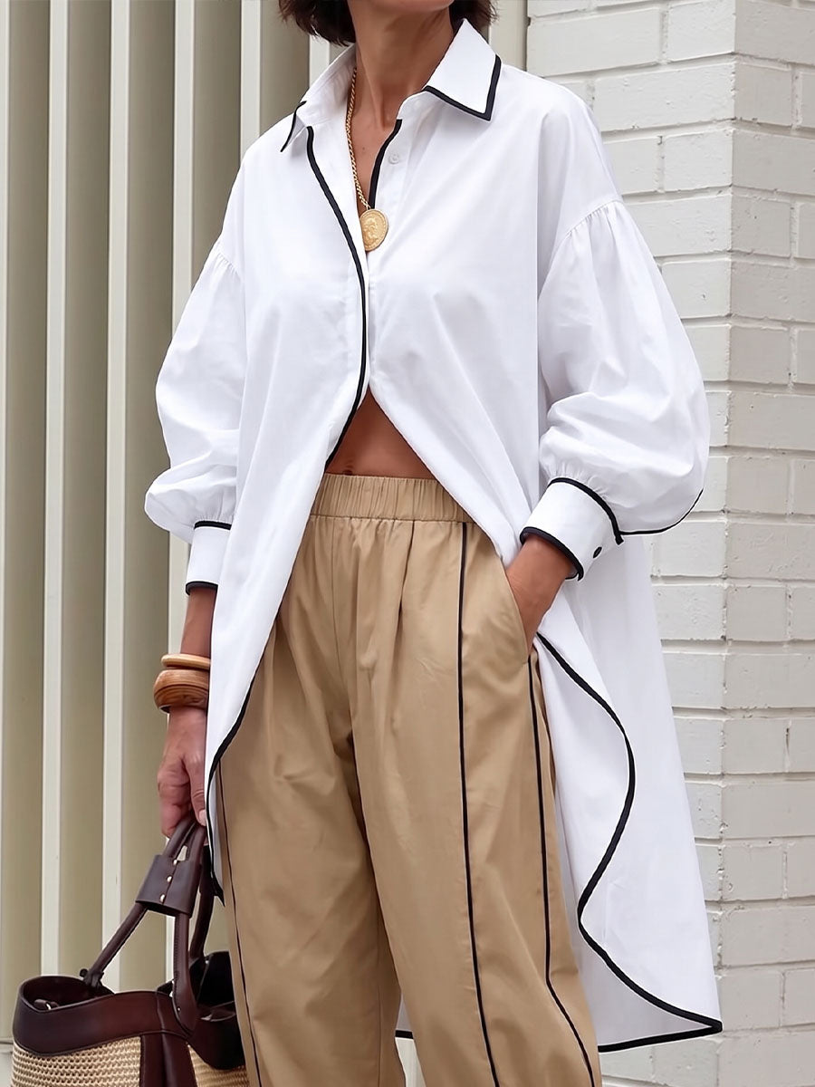 Women's Collared Long-sleeved Casual Loose Cotton Long Shirt