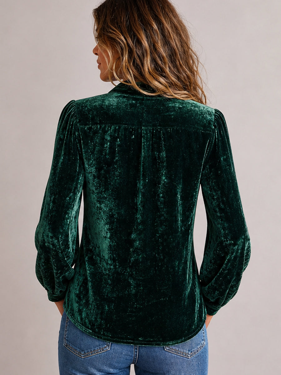 Chic V-neck Bow-tie Emerald Green Crushed Velvet Blouse With Puff Sleeves