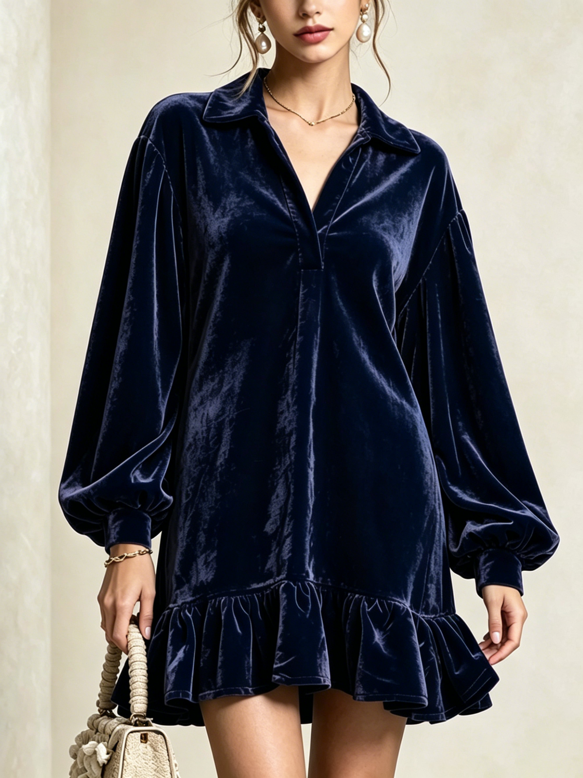 Velvet Loose-fit Mini Dress Featuring A Lapel Collar, Partial Button Placket, Lantern Sleeves, And A Ruffled Hem