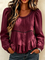 Romantic Linen-Blend Peplum Blouse – Cut-Out Trim & Ruffled Hem