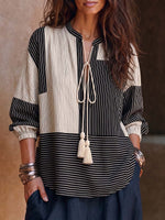 Women's Striped Printed Stand Collar 3/4 Sleeve Casual Loose Cotton Linen Top