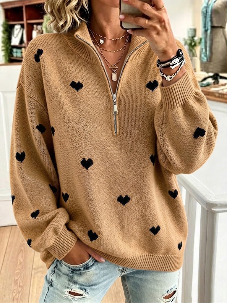 Cozy Half-zip Knit Pullover With Heart Pattern