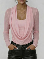 Women's Swing Neck Long-sleeved Casual Loose-fitting Sheer Mesh Top