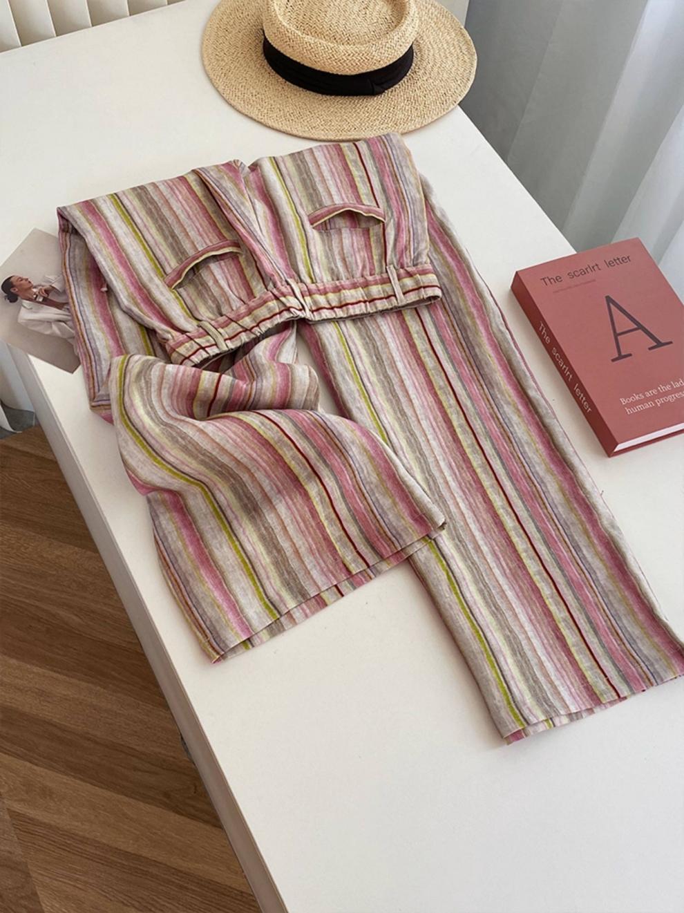 Casual Art-style Striped Linen-cotton Trousers