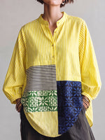 Artistic Patchwork Print Striped Linen Tunic Blouse