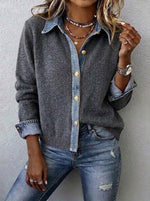Casual Color-block Denim And Knit Cardigan