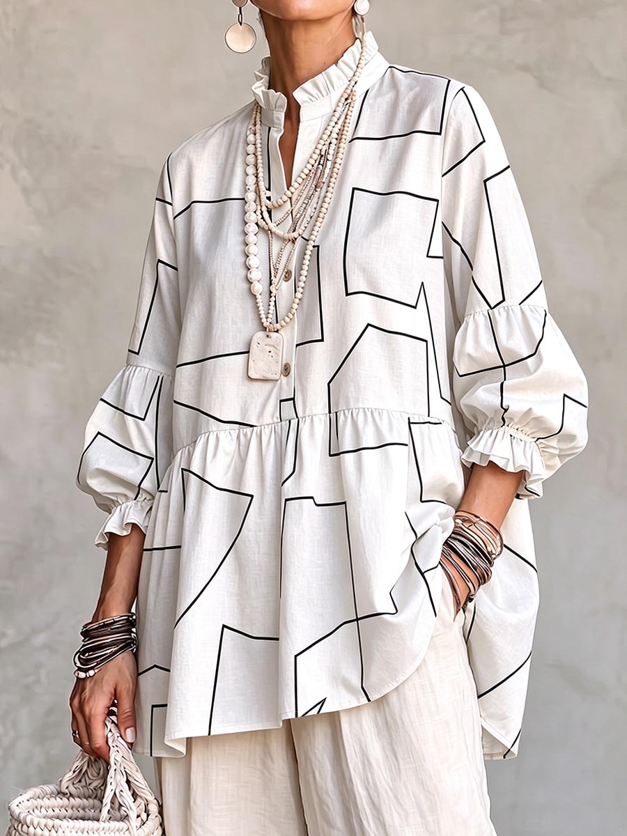 Women's Geometric Print Stand Collar 3/4 Sleeve Casual Loose Cotton Linen Top