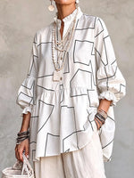 Women's Geometric Print Stand Collar 3/4 Sleeve Casual Loose Cotton Linen Top