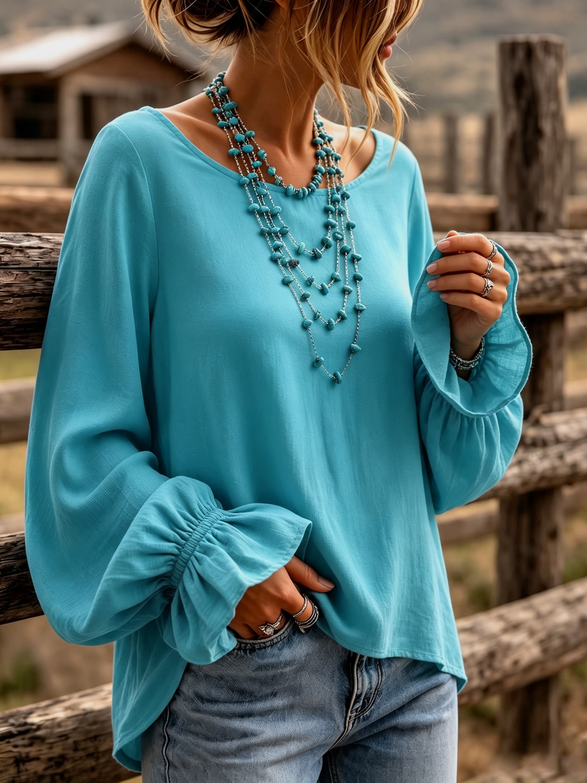 Elegant Boat Collar Ruffle Cuffs Turquoise Blouse