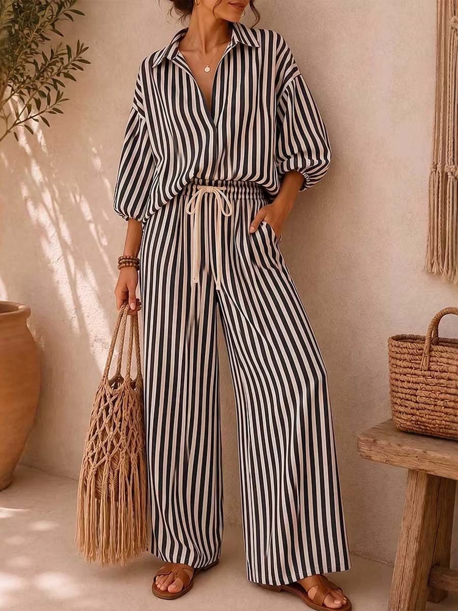 Women's Striped Print Casual Loose Top And High-waisted Wide-leg Pants Cotton Linen Set