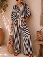 Women's Striped Print Casual Loose Top And High-waisted Wide-leg Pants Cotton Linen Set