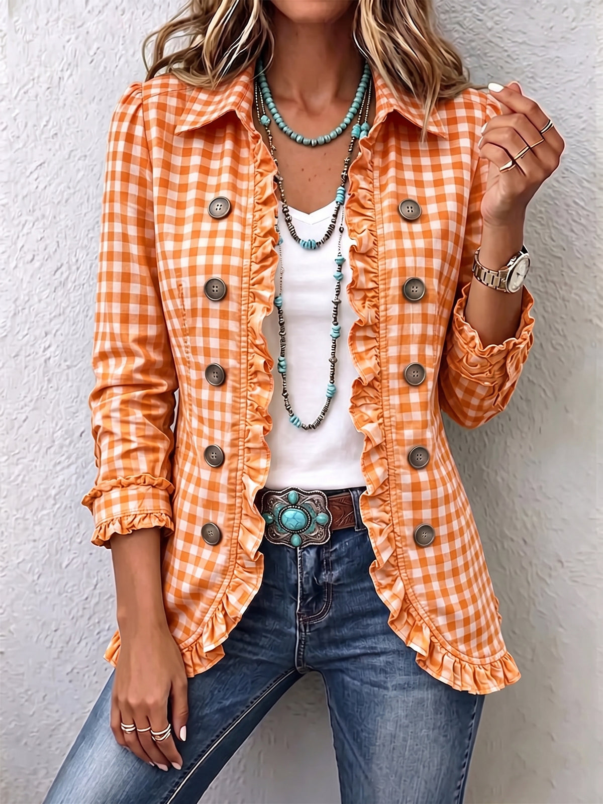 Chic Green Gingham Ruffled Button-Down Jacket