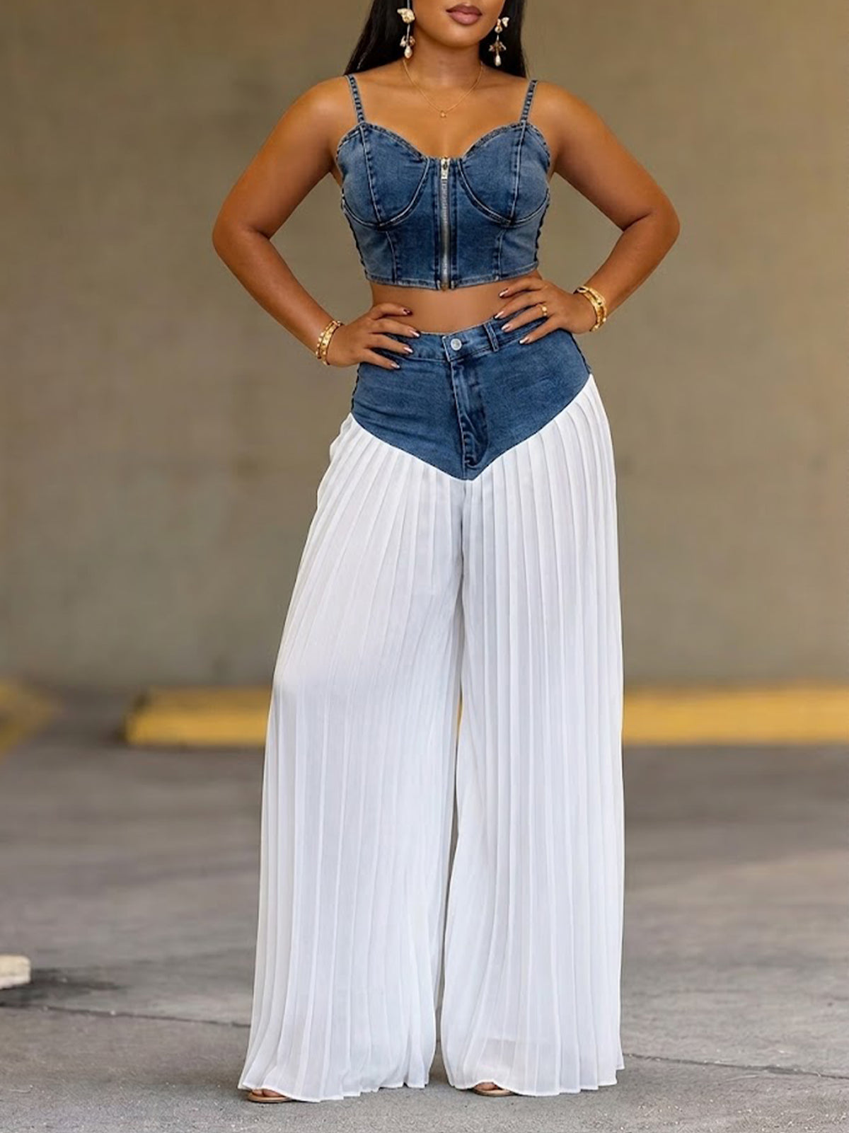 Fashionable Casual Zip-up Denim Camisole Top And Patchwork White Pleated Chiffon Jeans Two-piece Set