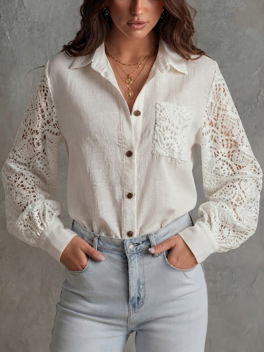 Long-sleeve Collared Work Shirt With Lace-spliced cutout Detailing