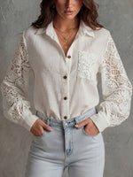 Long-sleeve Collared Work Shirt With Lace-spliced cutout Detailing