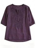 Women's Loose-fit Cotton-linen Embroidered Short-sleeve Round-neck Top