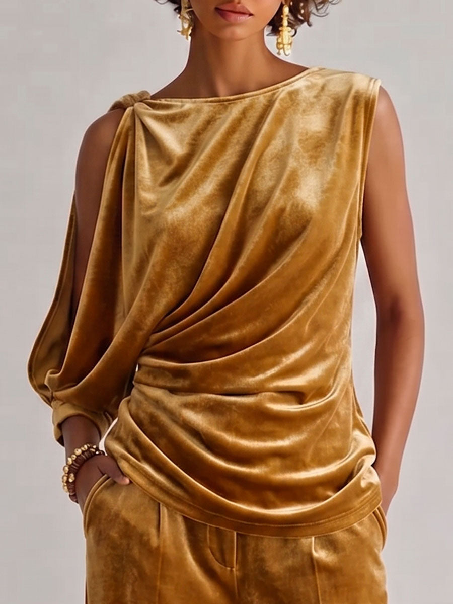 Women's Round Neck Off-shoulder Velvet Top And High-waisted Wide-leg Velvet Suit