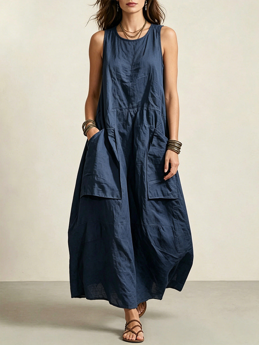 Loose-fit, Sleeveless Cotton-linen Dress With 3d Pockets