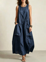 Loose-fit, Sleeveless Cotton-linen Dress With 3d Pockets