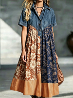 Denim Collar Spliced Vintage Floral Stripe Loose Midi Dress