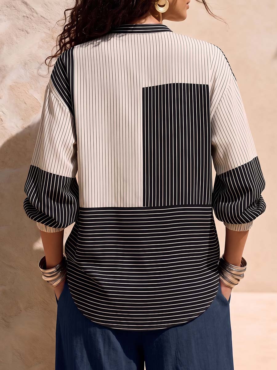 Women's Striped Printed Stand Collar 3/4 Sleeve Casual Loose Cotton Linen Top