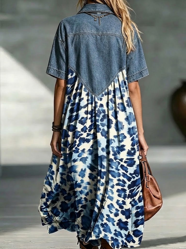 Denim Collar Blue Tie-dye Leopard Print Spliced Loose Short Sleeve Midi Dress